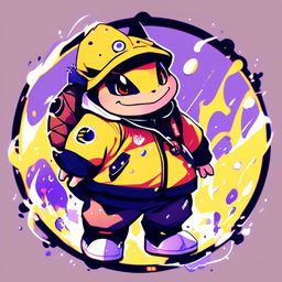 Anime-style Blastoise in Supreme yellow rain jacket within a funky circle border. Image features particles and glitch effects with a lo-fi aesthetic.