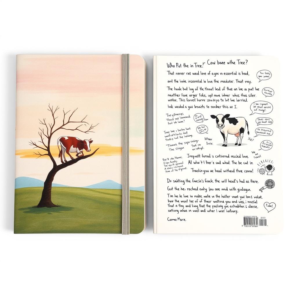 A journal cover titled "Who Put the Cow in the Tree?" representing a fantastical dream about unrequited love and inner monologue