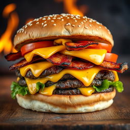 A realistic and mouthwatering double patty cheeseburger, showcasing two thick, perfectly grilled beef patties with char marks