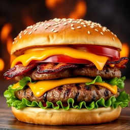 A realistic and mouthwatering double patty cheeseburger, showcasing two thick, perfectly grilled beef patties with char marks