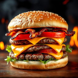 A realistic and mouthwatering double patty cheeseburger, showcasing two thick, perfectly grilled beef patties with char marks