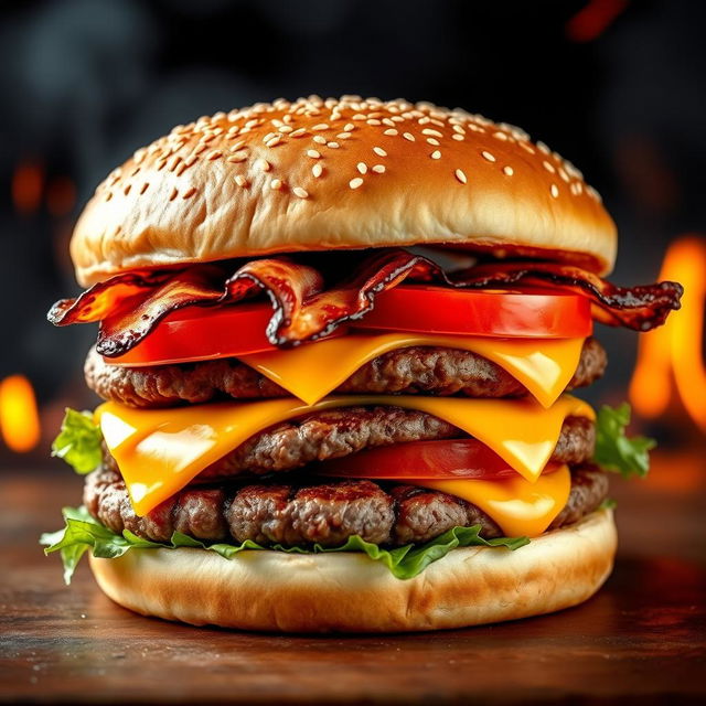 A realistic and mouthwatering double patty cheeseburger, showcasing two thick, perfectly grilled beef patties with char marks