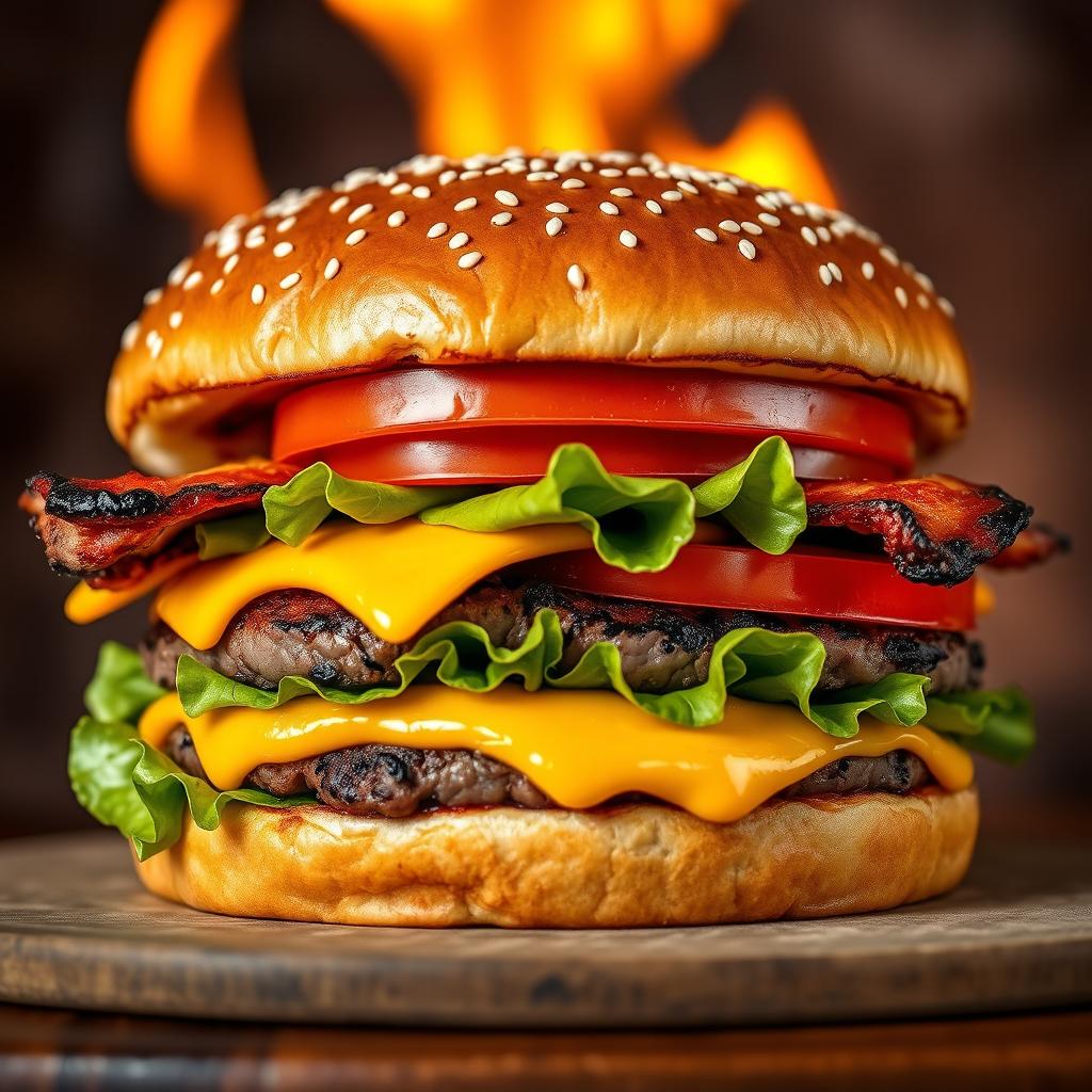 A realistic and mouthwatering double patty cheeseburger, showcasing two thick, perfectly grilled beef patties with char marks