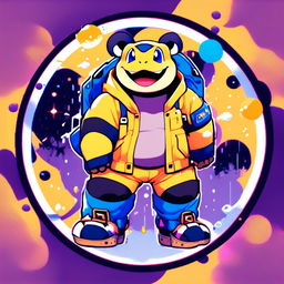 Anime-style Blastoise in Supreme yellow rain jacket within a funky circle border. Image features particles and glitch effects with a lo-fi aesthetic.