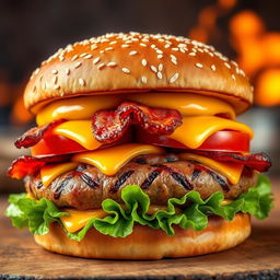 A realistic and mouthwatering double patty cheeseburger, showcasing two thick, perfectly grilled beef patties with char marks