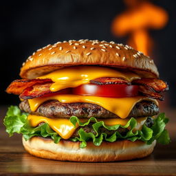 A realistic and mouthwatering double patty cheeseburger, showcasing two thick, perfectly grilled beef patties with char marks