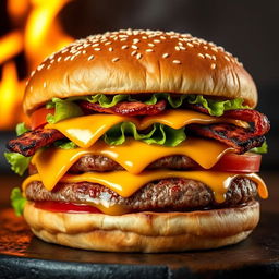 A realistic and mouthwatering double patty cheeseburger, showcasing two thick, perfectly grilled beef patties with char marks