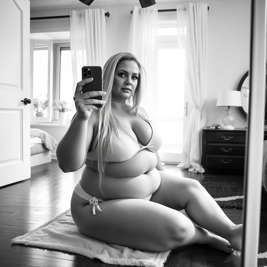 A striking black and white photo capturing a plump and curvy 40-year-old woman with long straight blonde hair and brown eyes