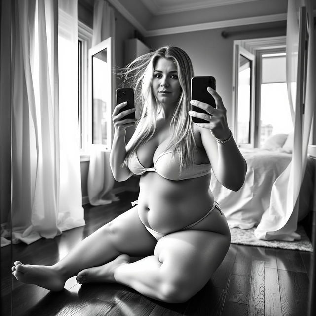 A striking black and white photo capturing a plump and curvy 40-year-old woman with long straight blonde hair and brown eyes