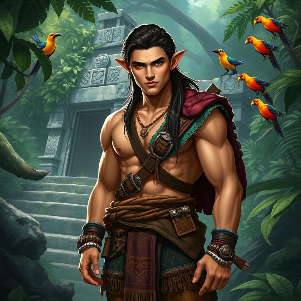 A male semi-elf explorer character inspired by Mayan culture, standing confidently in a lush jungle