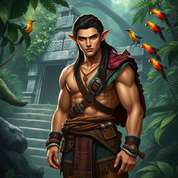 A male semi-elf explorer character inspired by Mayan culture, standing confidently in a lush jungle