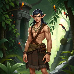 A male semi-elf explorer character inspired by Mayan culture, standing confidently in a lush jungle