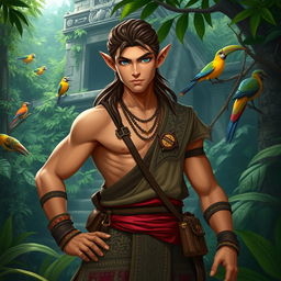 A male semi-elf explorer character inspired by Mayan culture, standing confidently in a lush jungle