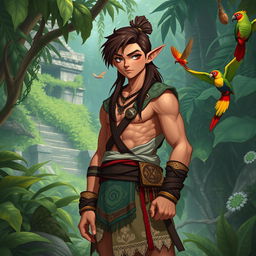 A male semi-elf explorer character inspired by Mayan culture, standing confidently in a lush jungle