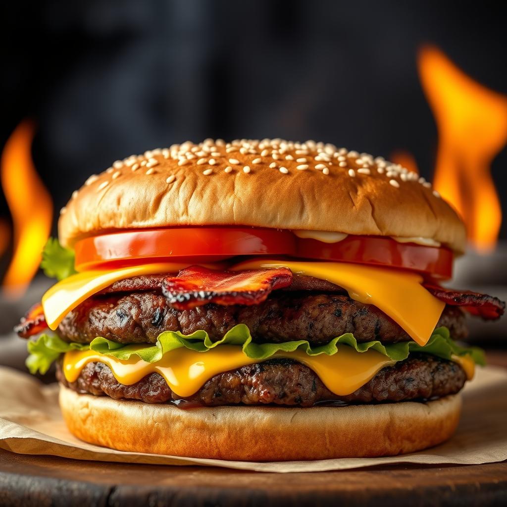 A realistic and mouthwatering double patty cheeseburger, showcasing two thick, perfectly grilled beef patties with char marks