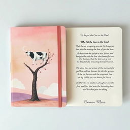 A journal cover titled "Who Put the Cow in the Tree?" inspired by a surreal dream of unrequited love and inner monologue