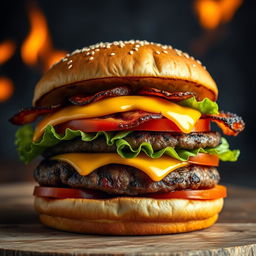 A realistic and mouthwatering double patty cheeseburger, showcasing two thick, perfectly grilled beef patties with char marks