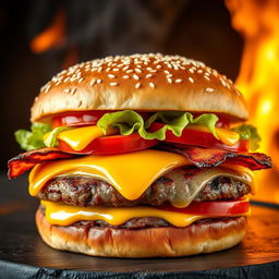 A realistic and mouthwatering double patty cheeseburger, showcasing two thick, perfectly grilled beef patties with char marks