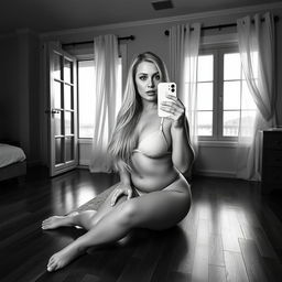 A striking black and white photo capturing a curvy 40-year-old woman with long, straight blonde hair and brown eyes