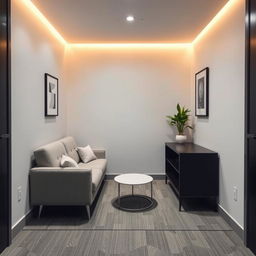 A very small commercial break room designed with a modern aesthetic, featuring a sleek and comfortable sofa as the main attraction