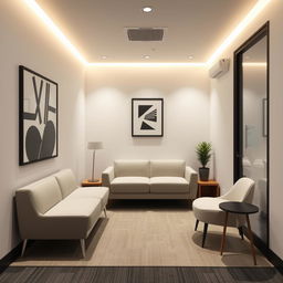 A very small commercial break room designed with a modern aesthetic, featuring a sleek and comfortable sofa as the main attraction