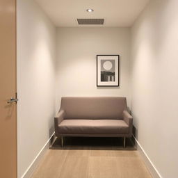 A very small commercial break room designed with a modern aesthetic, featuring a sleek and comfortable sofa as the main attraction