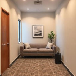 A very small commercial break room designed with a modern aesthetic, featuring a sleek and comfortable sofa as the main attraction