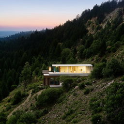 A tranquil house nestled on a steep mountain, enveloped by lush wilderness.