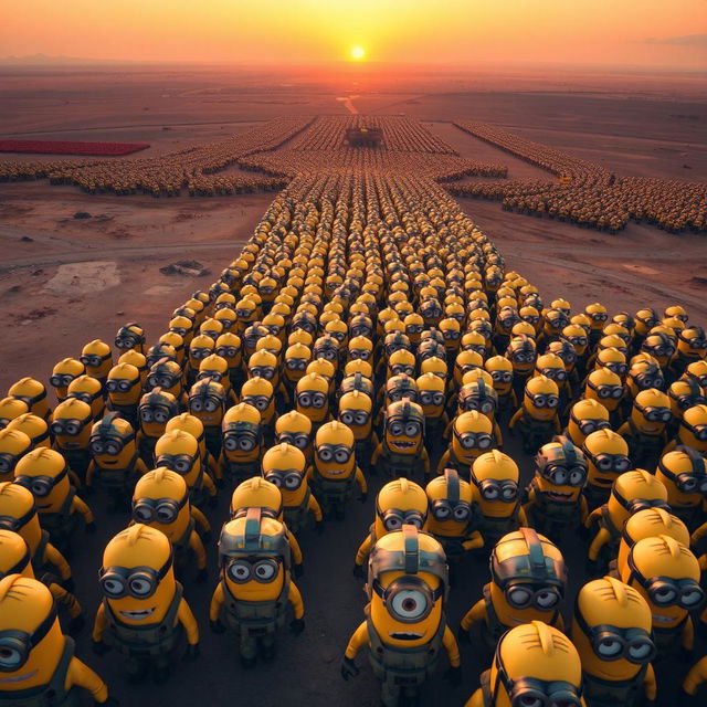 A large aerial view showcasing an army of uniformed minions marching in perfect synchronization