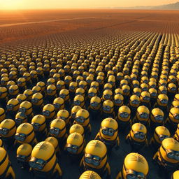 A large aerial view showcasing an army of uniformed minions marching in perfect synchronization