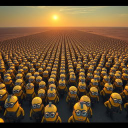 A large aerial view showcasing an army of uniformed minions marching in perfect synchronization