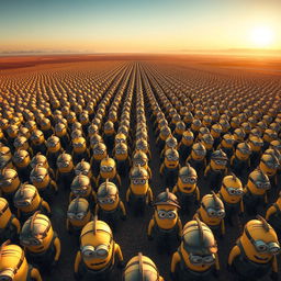 A large aerial view showcasing an army of uniformed minions marching in perfect synchronization