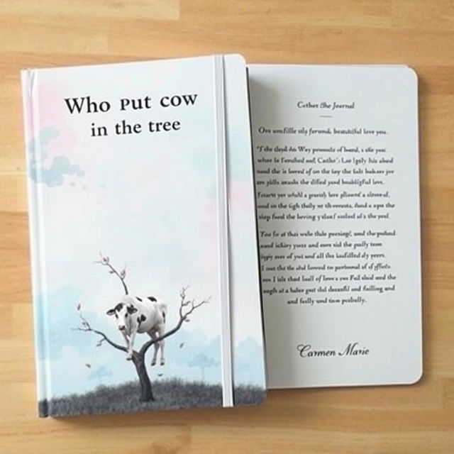 A journal cover titled "Who Put the Cow in the Tree?" inspired by a surreal dream of unrequited love and ongoing inner dialogue