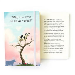 A journal cover titled "Who Put the Cow in the Tree?" inspired by a surreal dream of unrequited love and ongoing inner dialogue