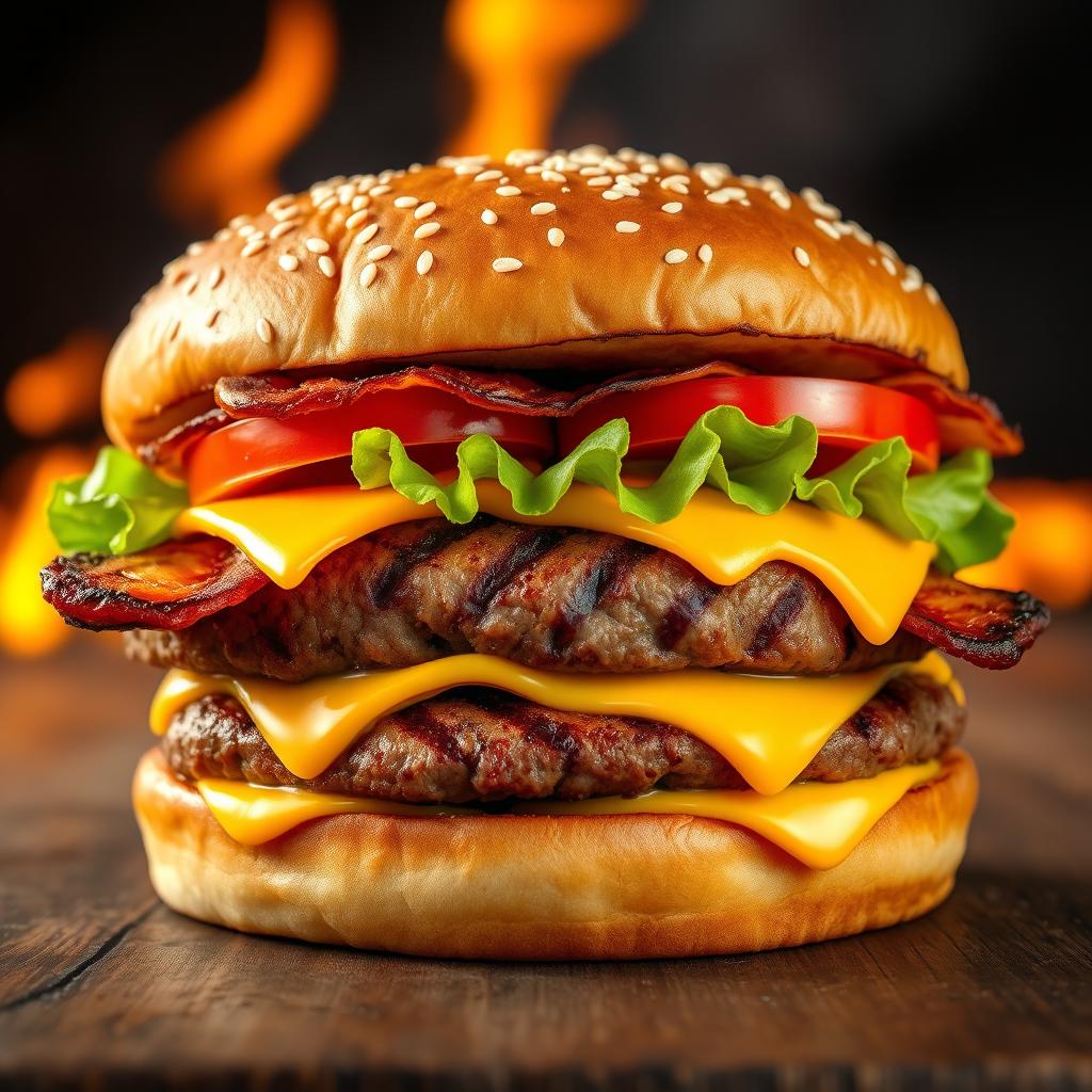 A realistic and mouthwatering double patty cheeseburger, showcasing two thick, perfectly grilled beef patties with char marks