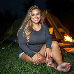 A chubby woman with long blonde hair, smiling happily with gorgeous and perfect eyes