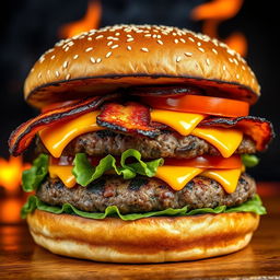 A realistic and mouthwatering double patty cheeseburger, showcasing two thick, perfectly grilled beef patties with char marks