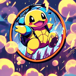 Anime-style Squirtle in Supreme yellow rain jacket within a funky circle border. Image features particles and glitch effects with a lo-fi aesthetic.