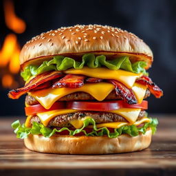 A realistic and mouthwatering double patty cheeseburger, showcasing two thick, perfectly grilled beef patties with char marks