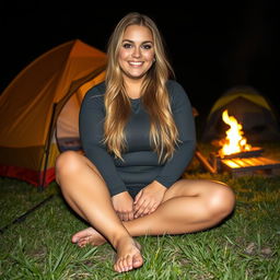 A chubby woman with long blonde hair, smiling happily with gorgeous and perfect eyes