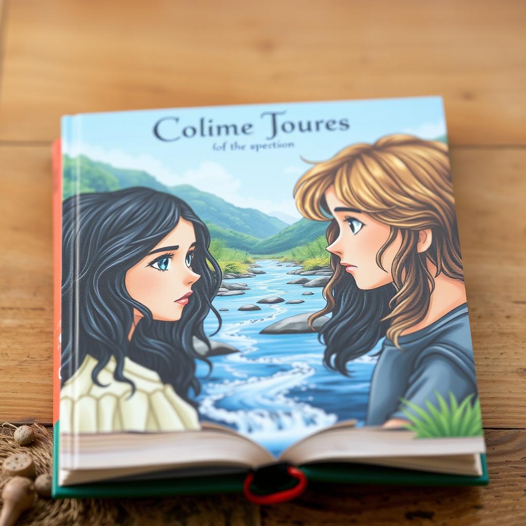 A captivating book cover featuring a boy with light brown wavy hair on the right side and a girl with long, wavy black hair on the left side