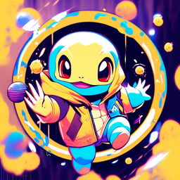 Anime-style Squirtle in Supreme yellow rain jacket within a funky circle border. Image features particles and glitch effects with a lo-fi aesthetic.