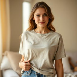 A young woman wearing only a t-shirt, depicting a casual, natural scene