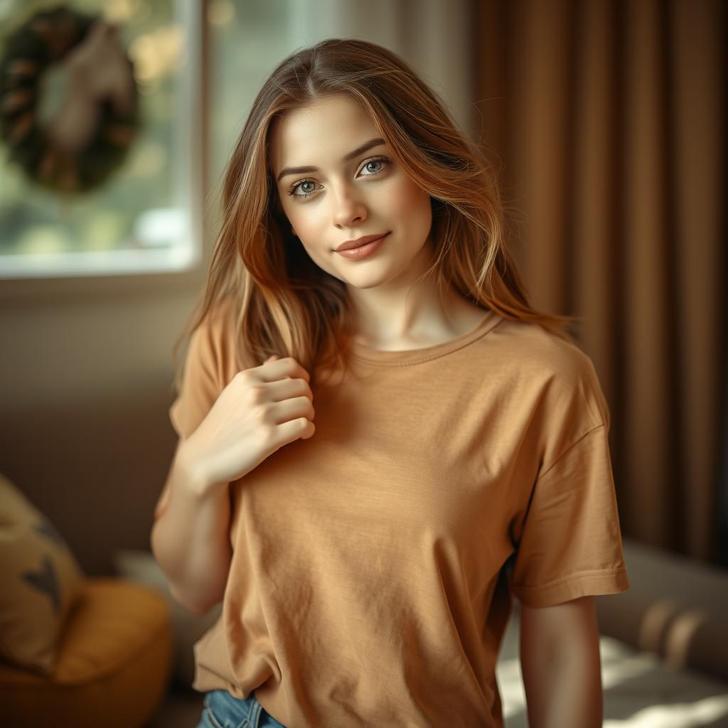 A young woman wearing only a t-shirt, depicting a casual, natural scene