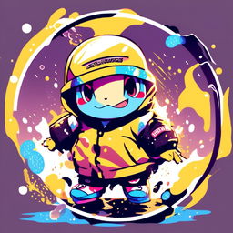 Anime-style Squirtle in Supreme yellow rain jacket within a funky circle border. Image features particles and glitch effects with a lo-fi aesthetic.