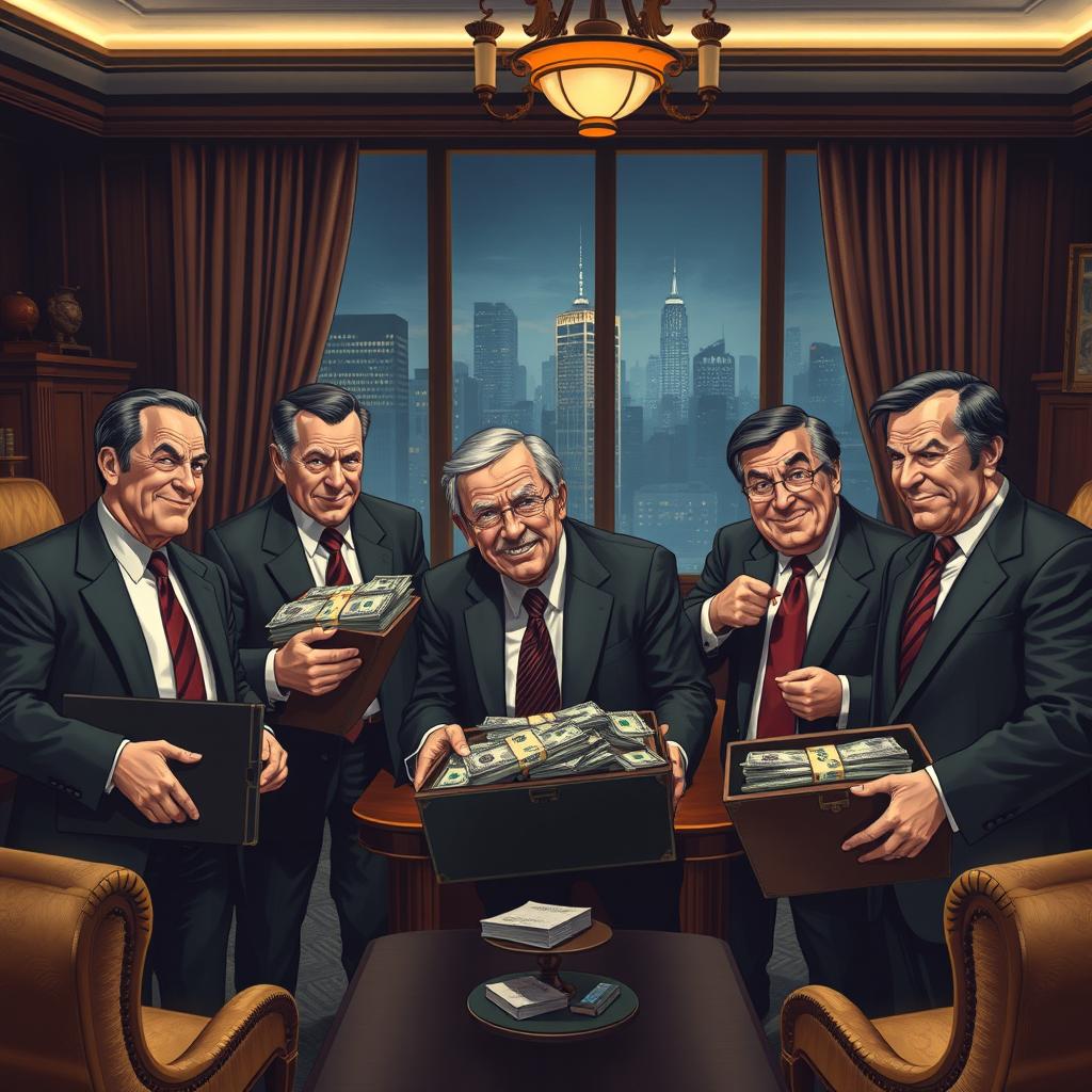 A group of politicians engaged in shady, corrupt activities, with sly smiles and secretive glances