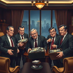 A group of politicians engaged in shady, corrupt activities, with sly smiles and secretive glances