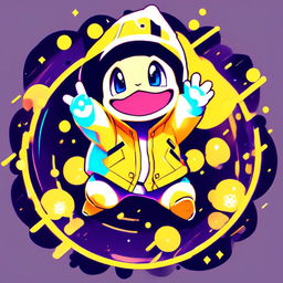 Anime-style Squirtle in Supreme yellow rain jacket within a funky circle border. Image features particles and glitch effects with a lo-fi aesthetic.