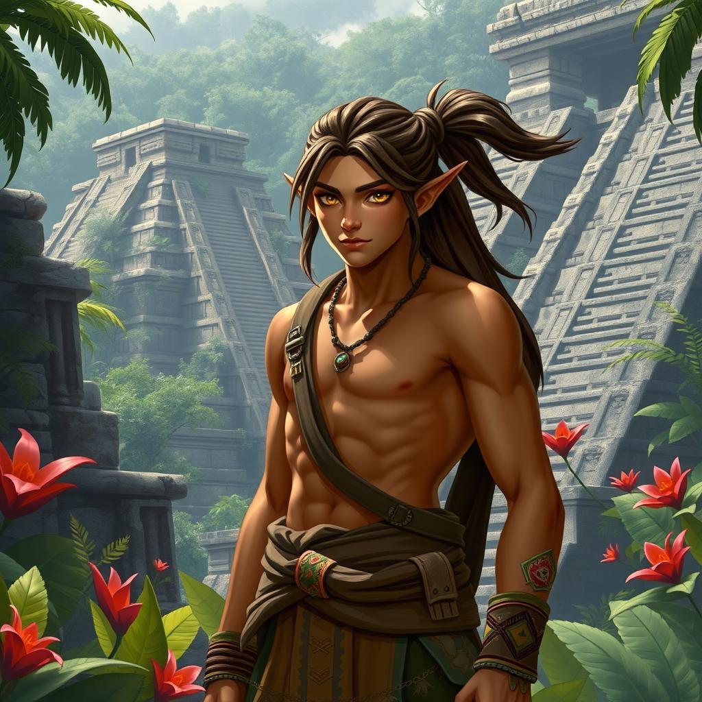 A male semi-elf explorer inspired by Mayan culture, with long brown hair tied back