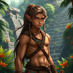 A male semi-elf explorer inspired by Mayan culture, with long brown hair tied back